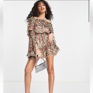 Topshop frill ruffle bardot mini dress in rose
